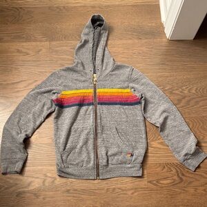 Gray Aviator Nation Hoodie with Rainbow Stripes